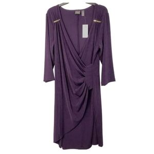 Chico's Travelers 3/4 Sleeve Stretch Knit Ruched Wrap Grape Dress Size XXL NWT